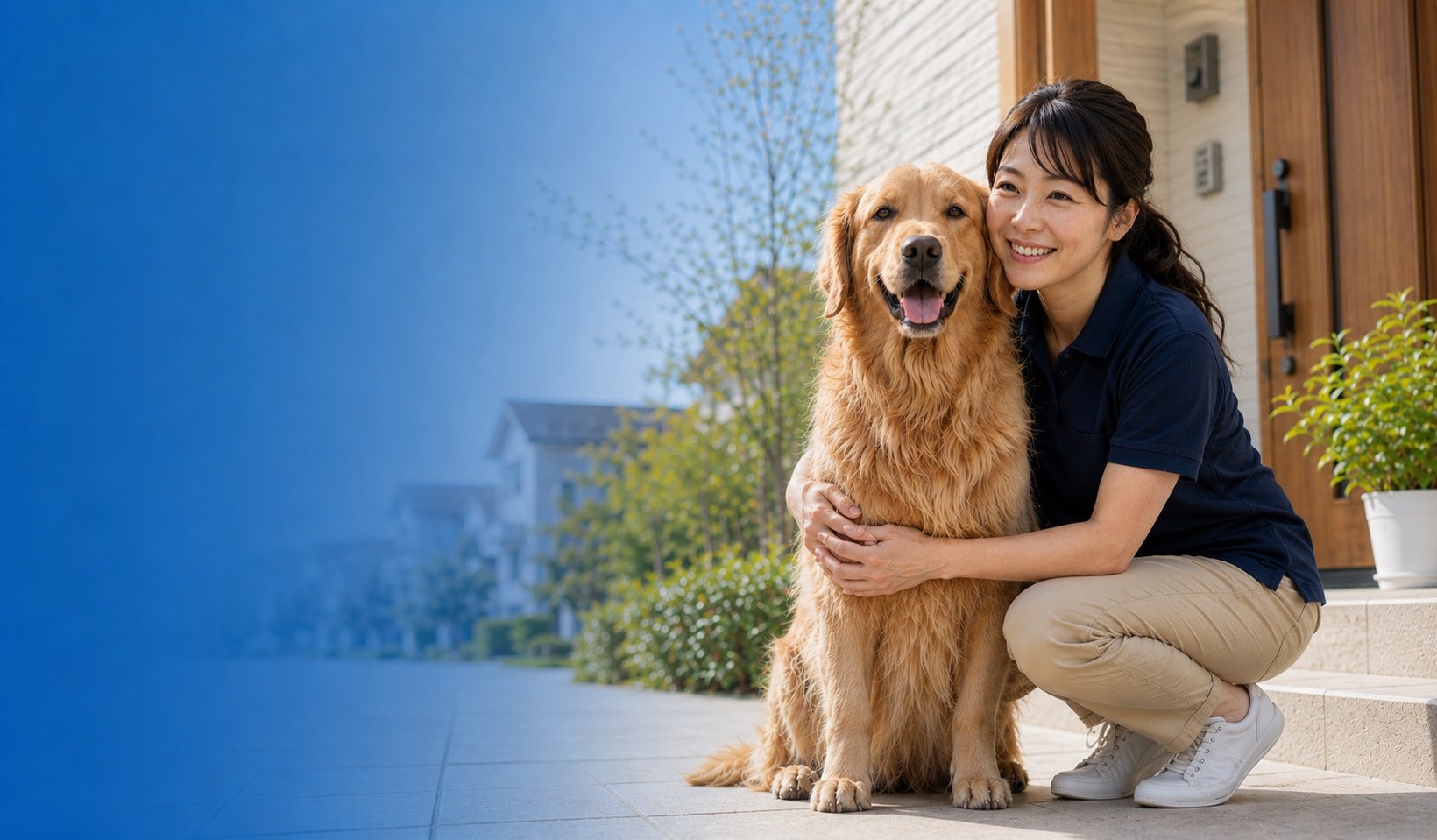笑顔で犬を抱きしめる飼い主